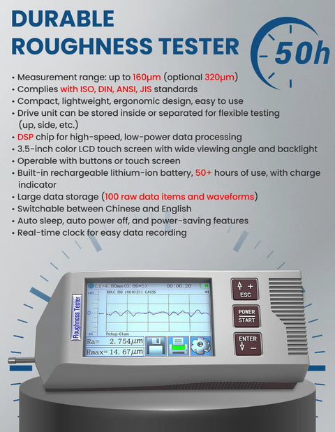 Handheld Digital Surface Roughness Meter With 22 Parameters, Portable Profilometer For Outer Cylinders, Curved Surfaces And Pinholes, Ergonomic Grip, On The Go Roughness Testing For Machined Parts And Finishes