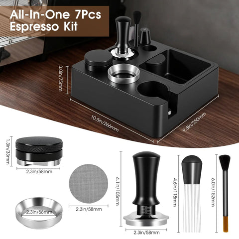 Pro Level 54MM Espresso Bar Setup Knock Box Tamping Station with 7-piece kit on countertop for coffee preparation.