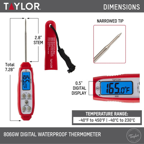 Instant Read Digital Meat Thermometer For GLP-1 Meal Prep, Waterproof Kitchen Probe showing dimensions and features.