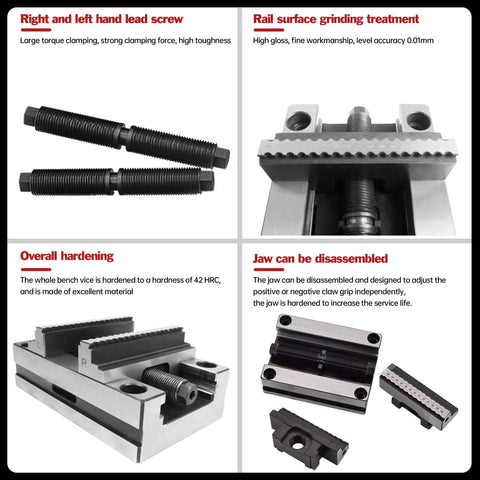 Five Axis CNC Self Centering Vise With Detachable Jaws ZF-70-100 For Precision Milling, 6 To 80mm Clamping Range, Positive Jaw 28-80mm And Reverse Jaw 6-54mm, Compact 100x71x52mm Size, Easy Setup, Beefy Pro Grade Build shown with lead screw, hardened jaws, and disassembled parts