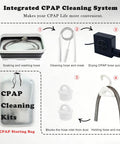 Diagram of All In One CPAP Cleaning Kit With Hose Dryer For Universal 22mm Tubing with wash basin, brushes, and storage bag