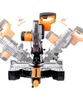 Straight Shooting 10 Inch Sliding Compound Miter Saw Featuring Quick Release Extension Shelf And Smooth 0 To 45 Dual Bevel Pivot cutting wood.