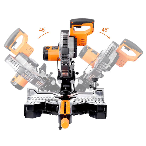 Straight Shooting 10 Inch Sliding Compound Miter Saw Featuring Quick Release Extension Shelf And Smooth 0 To 45 Dual Bevel Pivot cutting wood.