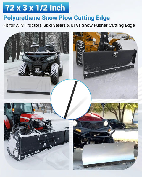 Collage of 72 Inch Polyurethane Snow Plow Cutting Edge on ATVs and tractors, showcasing durability and compatibility with equipment.