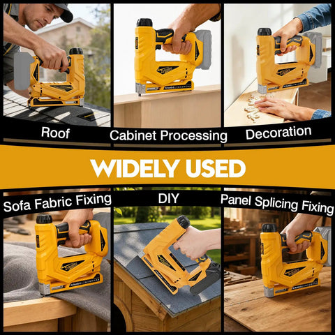 Compact 3 In 1 Cordless Staple Gun And 18 Gauge Brad Nailer Kit used in various projects like roof work and cabinet processing.