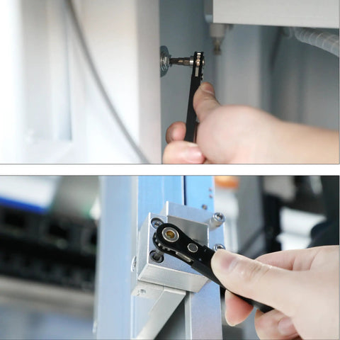 Person using the Top Shelf Mini Ratchet Set, 34 Piece Cr-V Steel Kit with Right Angle Screwdriver in tight spaces.