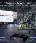 Beat The Heat Industrial Fanless Mini Pc With Intel Core I3 8130U Chips Up To Three Point Four Ghz For Seamless Workflow And Slick Htpc Entertainment Featuring 16 Gb Ram 512 Gb Storage Preloaded With Windows 11 Pro showing dual screen setup with silent fanless design.