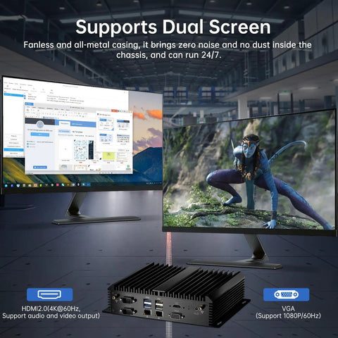 Beat The Heat Industrial Fanless Mini Pc With Intel Core I3 8130U Chips Up To Three Point Four Ghz For Seamless Workflow And Slick Htpc Entertainment Featuring 16 Gb Ram 512 Gb Storage Preloaded With Windows 11 Pro showing dual screen setup with silent fanless design.