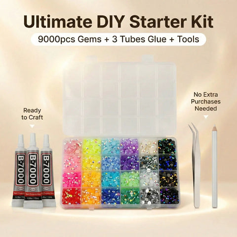 Nine Thousand Pcs Rainbow Rhinestones Bedazzling Kit, 5mm resin gems, glue, and tools for crafts with organized sorting case.