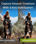 Comparison image of Osmo Mobile 6 Smartphone Gimbal Stabilizer With 3-Axis Stabilization showing blur vs. clear capture with dog and woman.