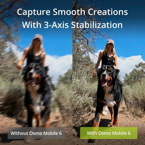 Comparison image of Osmo Mobile 6 Smartphone Gimbal Stabilizer With 3-Axis Stabilization showing blur vs. clear capture with dog and woman.