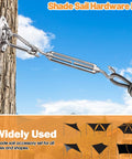6 Inch Shade Sail Hardware Kit For Triangle And Rectangle Installations, heavy duty turnbuckle attached to tree.