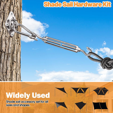 6 Inch Shade Sail Hardware Kit For Triangle And Rectangle Installations, heavy duty turnbuckle attached to tree.