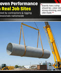 Crane lifting large pipe with Endless Round Lifting Sling 12 Foot Polyester USA Made With 10600 Lb Vertical 8500 Lb Choker Sling