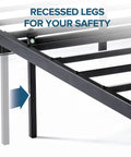 Queen Size Metal Platform Bed Frame With Reinforced Steel Slat Support showing recessed legs for safety features.