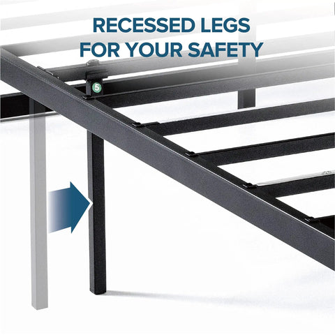 Queen Size Metal Platform Bed Frame With Reinforced Steel Slat Support showing recessed legs for safety features.