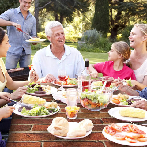 Family dining outdoors with food on Brick Wallpaper Peel And Stick Set 4.5x9 Feet Removable Tablecloth Backdrop Self Adhesive