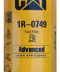 1R-0749 Advanced High Efficiency Fuel Filter For Diesel Rigs And Heavy Machinery, yellow cylinder with printed specifications