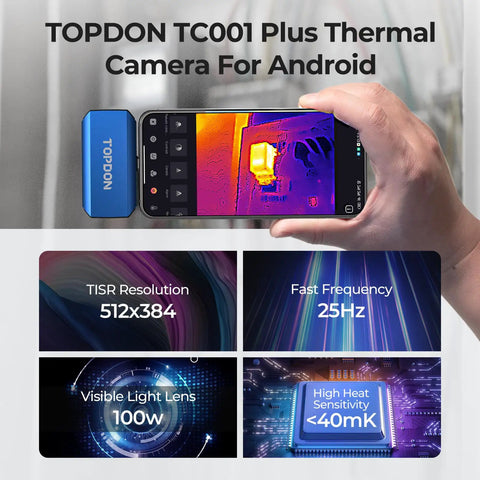 TC001 Plus Pro Grade Thermal Camera For Android With 512 X 384 Super IR Resolution, shown connected to a smartphone.