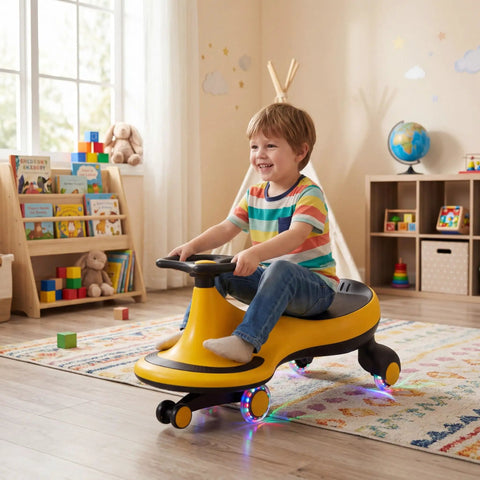 The Totally Hassle Free Wiggle Car For Toddlers With Super Slick Flashing LED Wheels And A Nifty Two In One Swing Design That Twists And Turns Without Batteries Or Pedals, yellow PP frame.