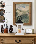 Memorial Lantern For Dad Loss Sympathy Gift, flameless candle on wooden dresser with mountain painting backdrop, 14x5.8in