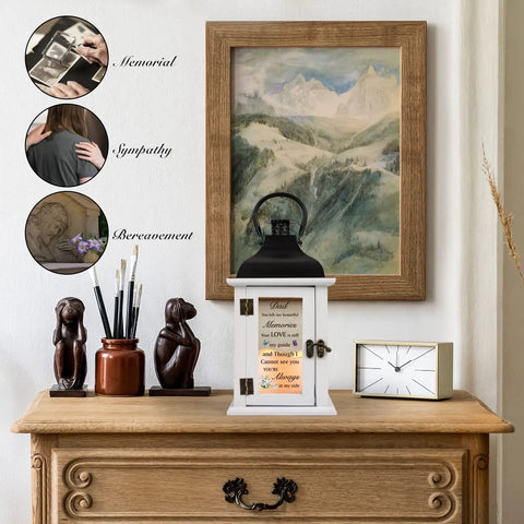 Memorial Lantern For Dad Loss Sympathy Gift, flameless candle on wooden dresser with mountain painting backdrop, 14x5.8in