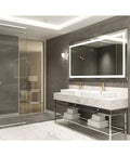 Luxury bathroom with Low-Flow Brushed Bronze Single Hole Bathroom Faucet, 2 sinks, grey wall and floor tiles, glass shower door.