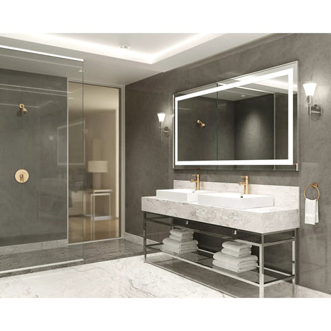 Luxury bathroom with Low-Flow Brushed Bronze Single Hole Bathroom Faucet, 2 sinks, grey wall and floor tiles, glass shower door.
