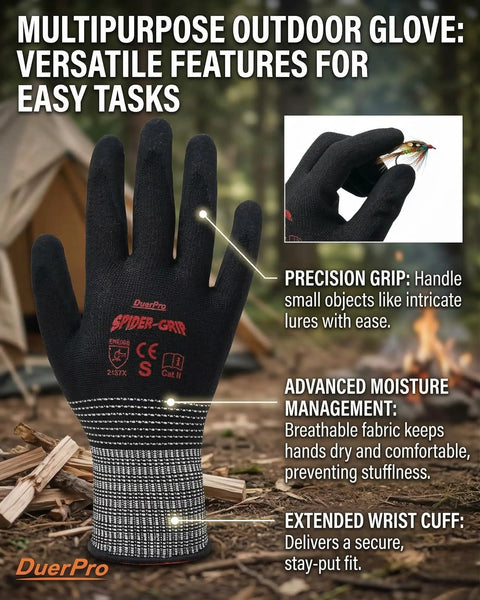 Coated Work Gloves With Spider Grip For Smartphone Use, Breathable Backless Design, shown in camping setting.