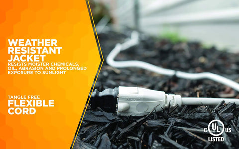 Outdoor Extension Cord 40 Foot 16 Gauge SJTW Three Conductor Weather Resistant White Ideal For Patio Landscape And Deck Lighting