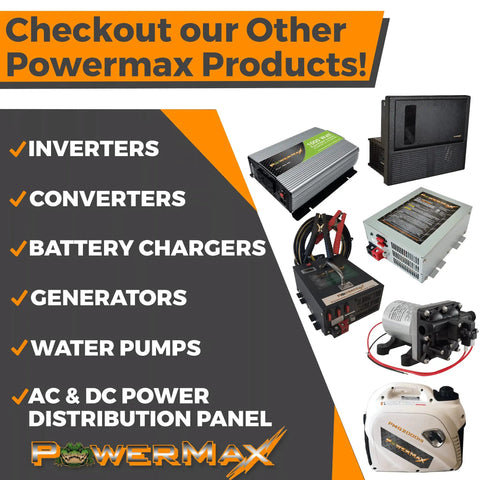 Powermax product lineup with inverter, converter, battery charger, generator, water pump, and distribution panel