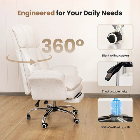 Big And Tall Office Chair With Flip Armrests For Pets And Cross Legged Sitting Boss Level Ergonomic Computer Gaming Chair With Foot Rest Teddy Fleece Wide Seat Reclining Desk Chair For Home Office with 360-degree rotation, silent casters, adjustable height, and SGS-certified gas lift.