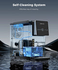 Countertop Nugget Ice Maker With Touchless Dispenser 40 Lbs Daily Output Portable Beverage Chiller showing self-cleaning system and components.