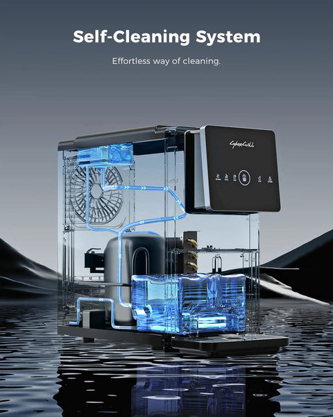 Countertop Nugget Ice Maker With Touchless Dispenser 40 Lbs Daily Output Portable Beverage Chiller showing self-cleaning system and components.