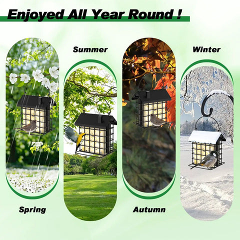 All Metal Double Suet Bird Feeder For Outdoors Hanging With Weather Resistant Roof And Perch, Durable Cage Holder For Garden Or Yard, Built To Last Through The Seasons shown in four seasonal settings.