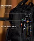 Close-up of 5 Piece Bit Holder Keychain Set For Quarter Inch Hex Bits With Carabiner Clip And Color Coded Bands attached to a backpack