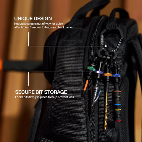Close-up of 5 Piece Bit Holder Keychain Set For Quarter Inch Hex Bits With Carabiner Clip And Color Coded Bands attached to a backpack