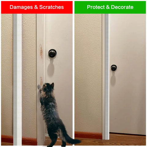 Before and after showing scratches on a door versus protected with Heavy Duty Self Adhesive Wall Corner Protectors.