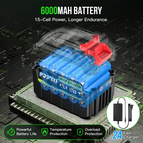 6000mAh battery with 15-cell power for the Cordless Leaf Blower Turbo Jet Power, Lightweight Handheld Design That Is Super Handy