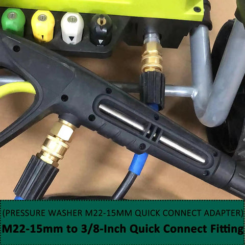 No-Fuss M22 To 3 Eighths Inch Quick Hose Connect Kit For Pressure Washers, shown installed on Sun Joe SPX3000 washer