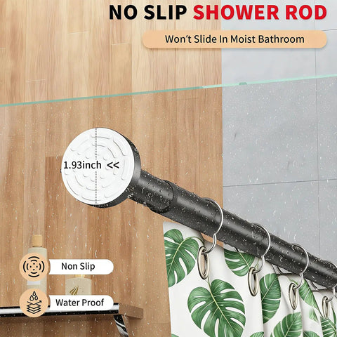 Black Stainless Steel Shower Curtain Rod 34 To 66 Inches Adjustable Tension Rod No Drilling No Rust Non Slip displayed in bathroom