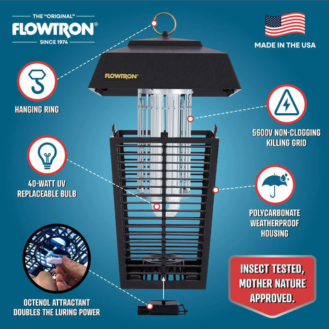 Outdoor Bug Zapper For 1 Acre Coverage With Powerful 40W Bulb And 5600V Instant Kill Grid, featuring durable polycarbonate housing.