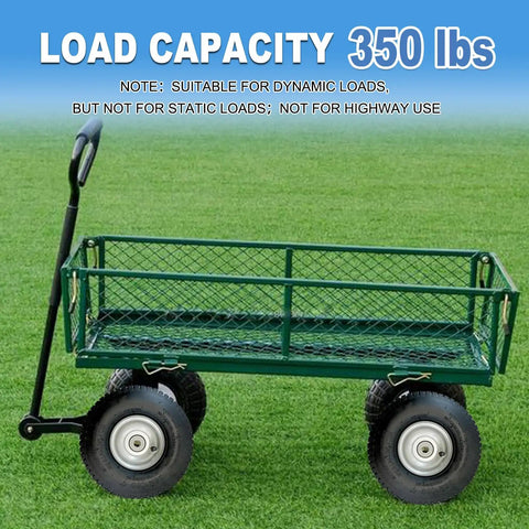 Green utility wagon with two pack 10x4.00-4 pneumatic wheel set and steel rim on grass, 350 lbs load capacity