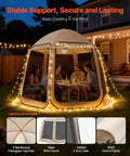 Big Pop Up Screen Tent 10x9.2 Ft With Awning Portable Gazebo glowing at night with people inside, outdoor setting, mesh walls visible