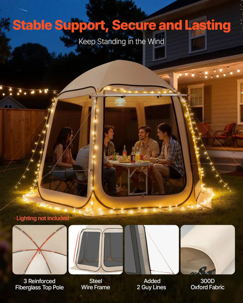 Big Pop Up Screen Tent 10x9.2 Ft With Awning Portable Gazebo glowing at night with people inside, outdoor setting, mesh walls visible