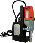 Real Deal Heavy Duty Magnetic Drill Press With Roto Broach Function For Steel Fabrication, 7/16 To 1 1/2 Inch Bore Range, 120 Volt Corded Portable Core Bit Workhorse Featuring 3/4 Inch Weldon Shank And Full Setup, side view of drill press with power cord.