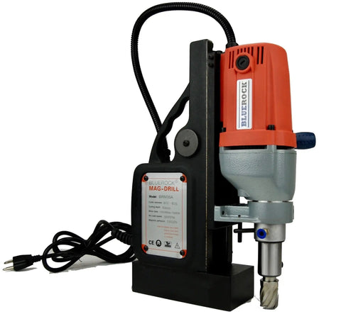 Real Deal Heavy Duty Magnetic Drill Press With Roto Broach Function For Steel Fabrication, 7/16 To 1 1/2 Inch Bore Range, 120 Volt Corded Portable Core Bit Workhorse Featuring 3/4 Inch Weldon Shank And Full Setup, side view of drill press with power cord.