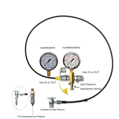 Pro Grade No Air Loss Coupler 556 High Pressure Gas Pressure Kit With Dual Analog Gauges Up To 3600 PSI And Low 360 PSI, 3 Feet Hose