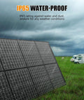 No-Fuss 100W Foldable Portable Solar Panel in a grassy field, IP65 waterproof, highlighting efficiency and durability for outdoor use