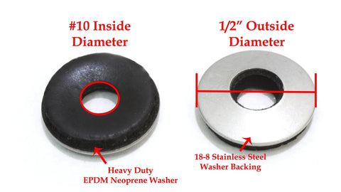 EPDM neoprene washer (black, #10 ID) beside silver 18-8 stainless steel washer backing (1/2 inch OD).